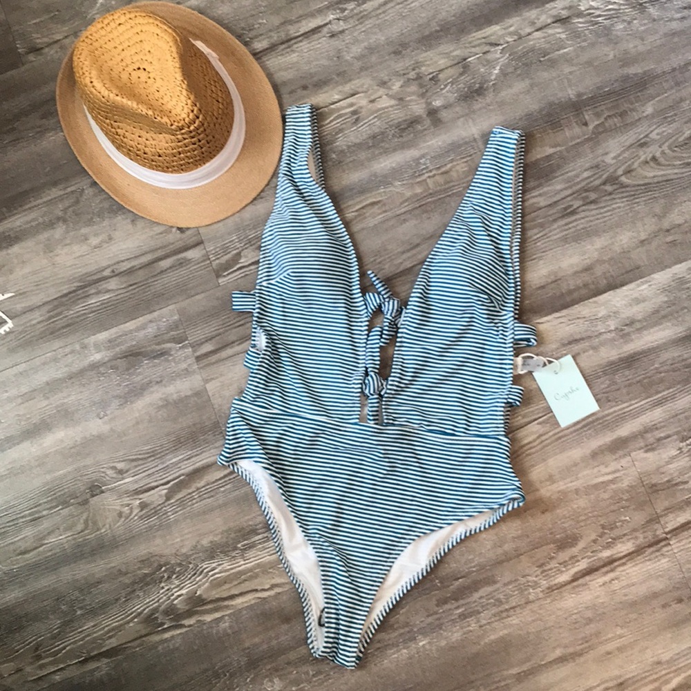 Blue and white stripe one piece swimsuit